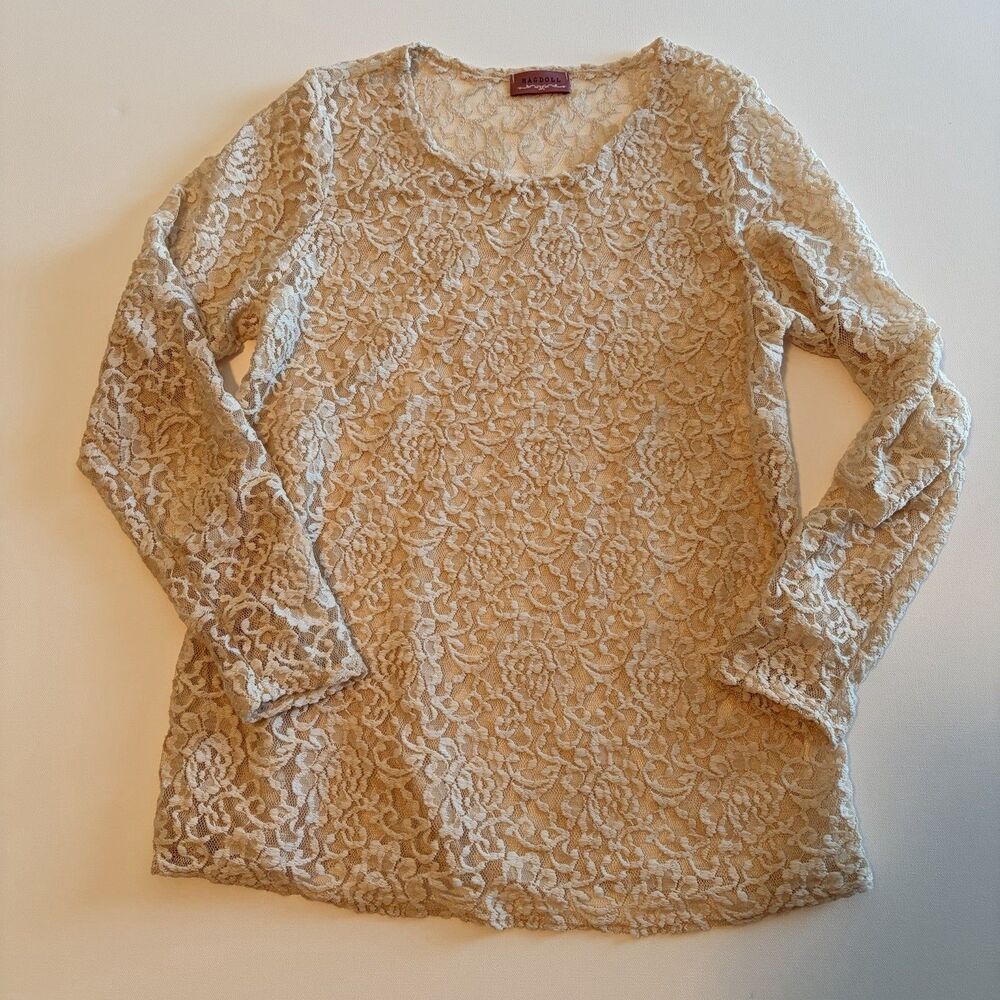 Ragdoll Sheer Lace Long Sleeve Crewneck Pullover Shirt Top Xl Cream Ivory Boho